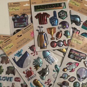 Puffy Stickers! Brightly-Colored Metalic (6 package) Sports, Space & More (NEW)